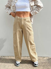 Locksley Mid Rise Baggy Cargo Jeans Beige