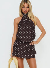 Natalea High Neck Playsuit Brown / White Polka