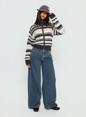 Tetra Zip Through Knit Sweater Pink Stripe