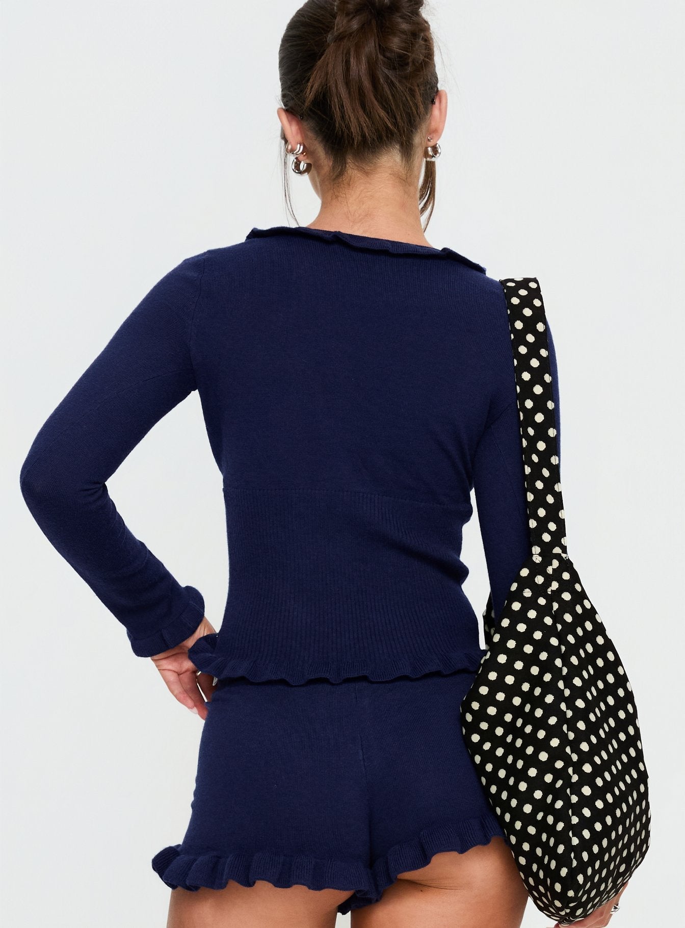 Ceria Frill Knit Long Sleeve Top Navy