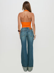 Toros Mid Rise Wide Leg Foldover Denim Jeans Mid Blue