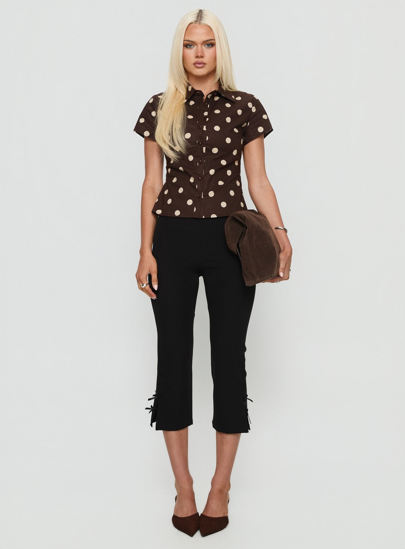Lift Off Button Up Top Choc / Lemon Polka