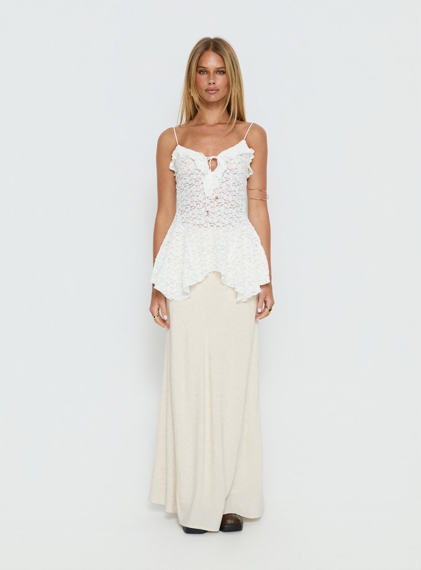 Medinilla Ruffle Tie Front Top White Lace